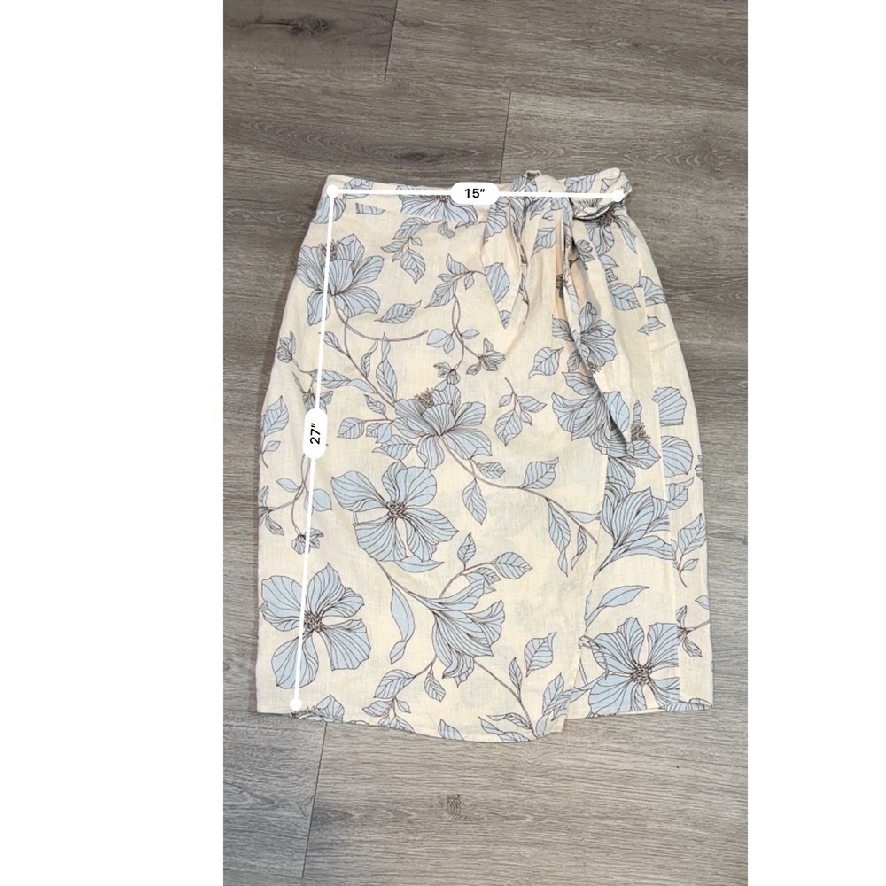 Cynthia Rowley 100% Linen Floral Wrap Midi Skirt Size Medium Blue Cream - Picture 8 of 13